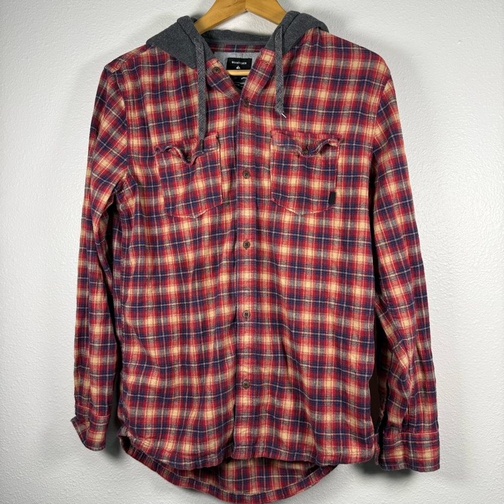 Quiksilver Red and Gray Plaid Hoodie Shirt
